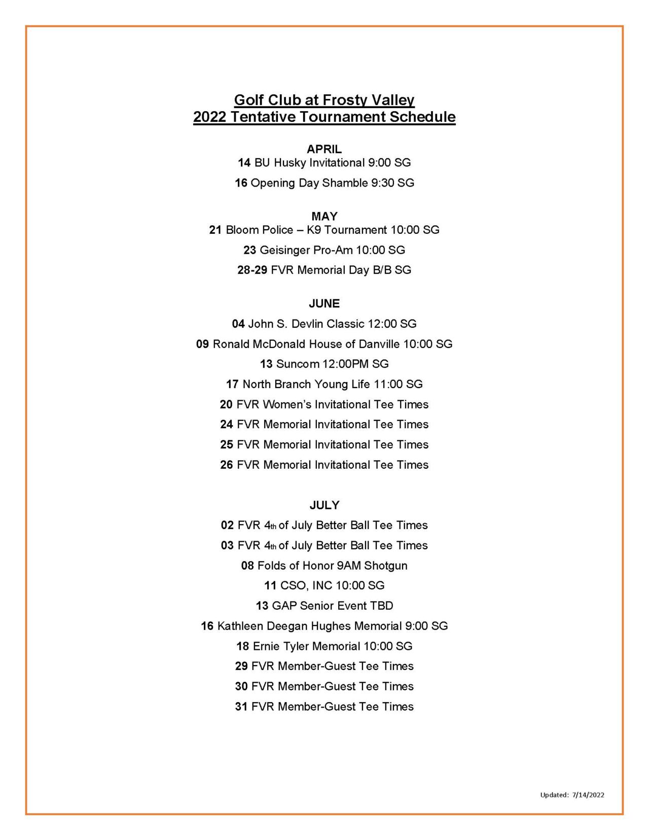 Golf Tournament Schedule Frosty Valley