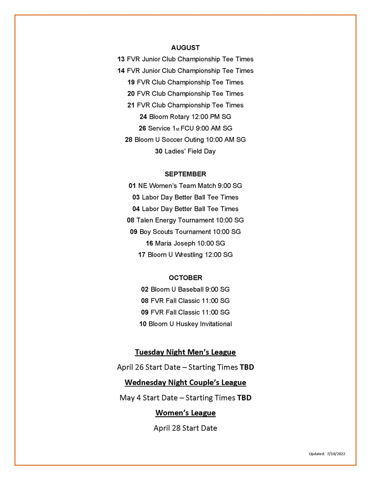 Golf Tournament Schedule Frosty Valley