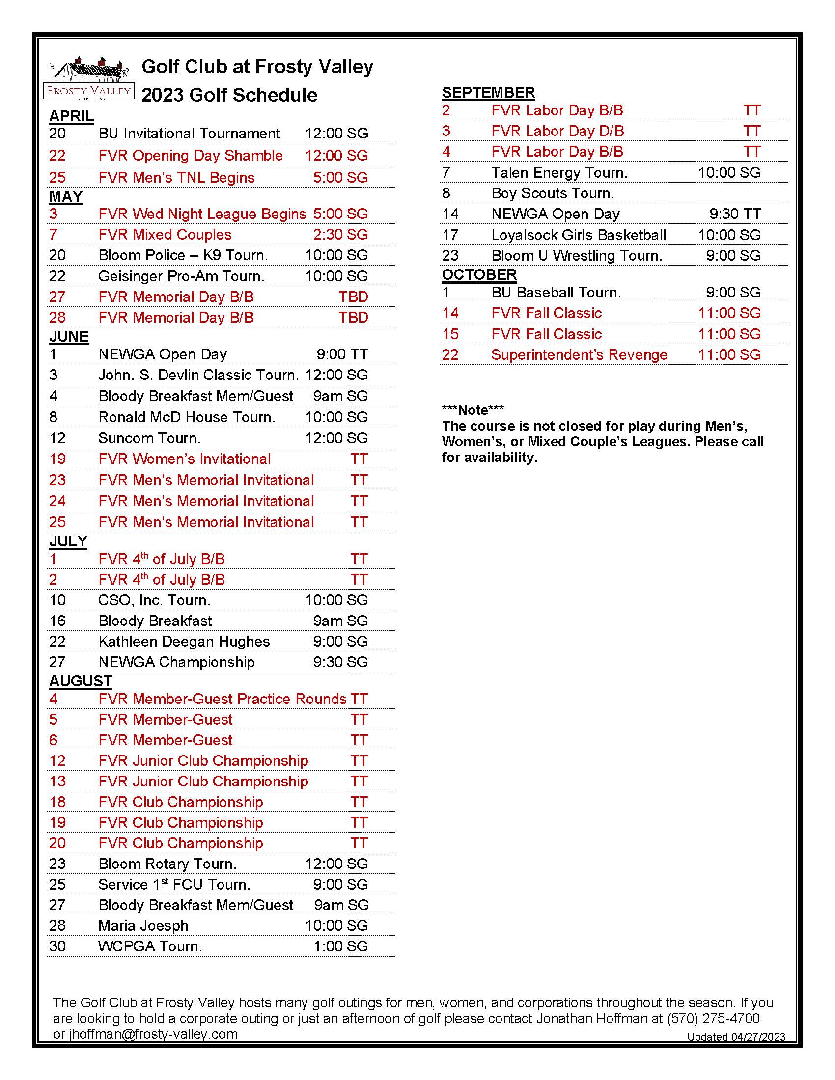 Golf Tournament Schedule Frosty Valley